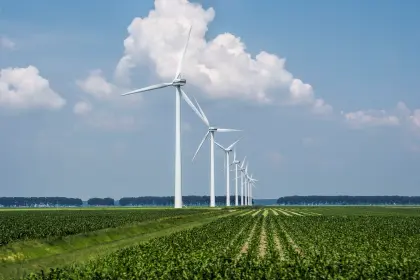 Windkraftanlagen auf grüner Wiese – das umweltfreundliche Ökostromprodukt der EV Greiz mit Festpreisgarantie und Bonuspunkten